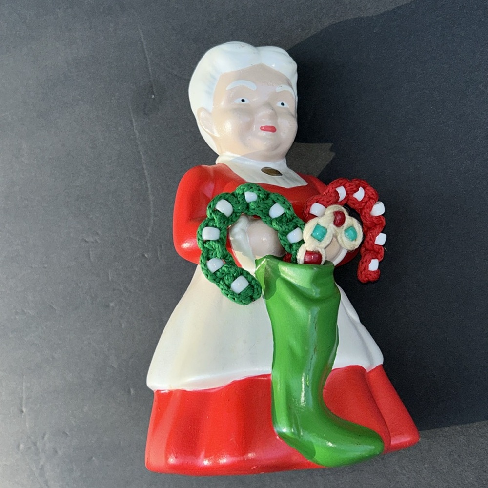 Vintage Pottery Ceramic Ms Claus  with Crochet Candy Canes